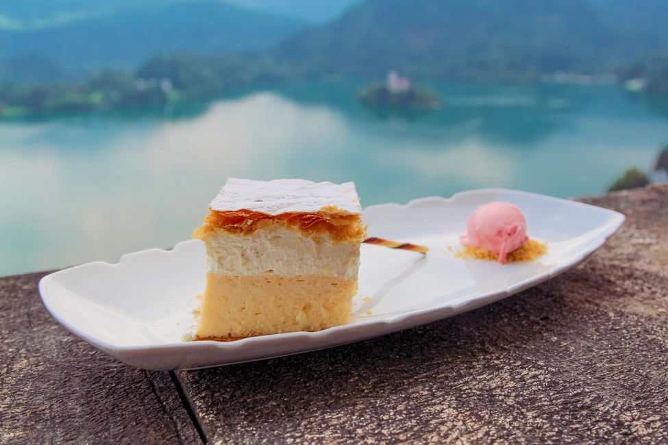 Bled Cake with a view of Lake Bled