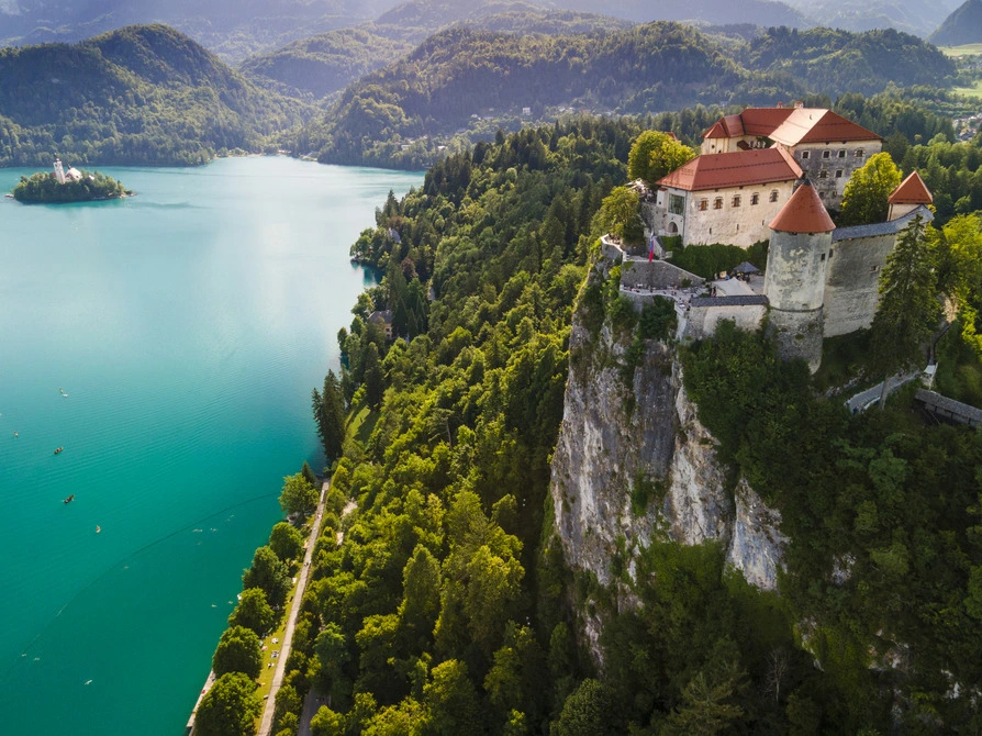 Birdseye view of Bled Castle in Lake Bled, Slovenia