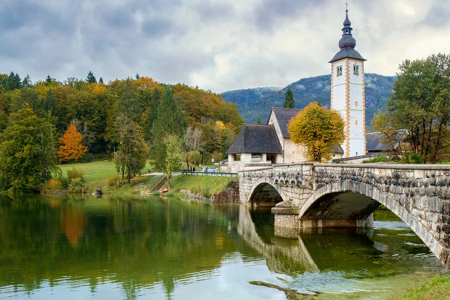 The Church of St John Baptist right next to the bridge in Triglav National Park