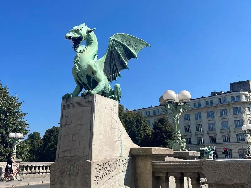 One of the dragons on the Dragon Bridge in Ljubljana