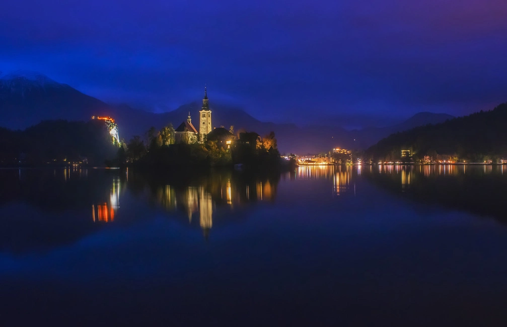 Lake Bled illuminated at night