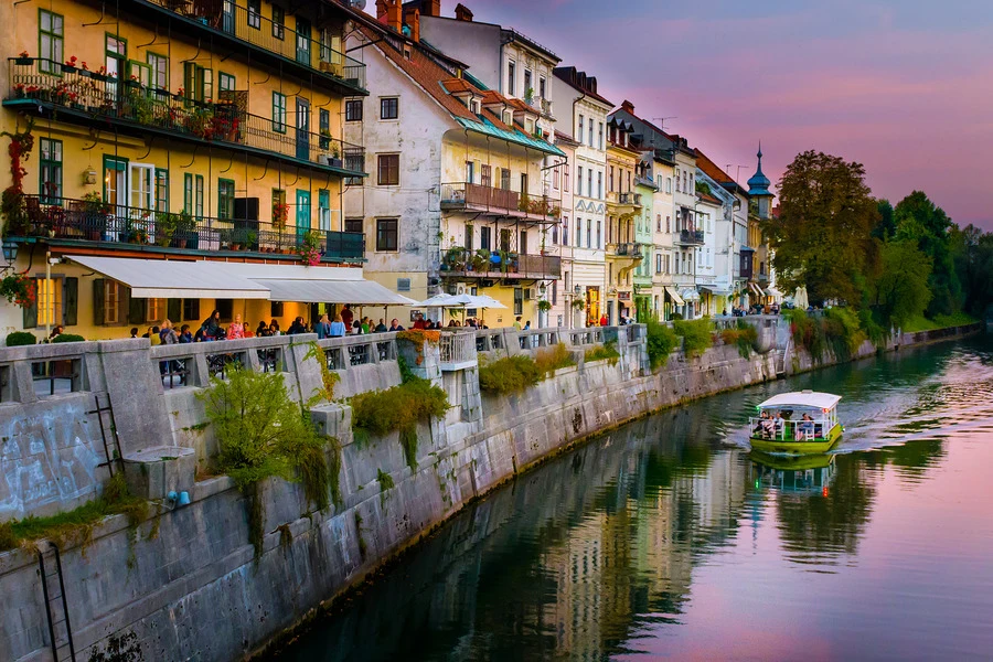 A collection of restaurants in Ljubljana on the river waterfront