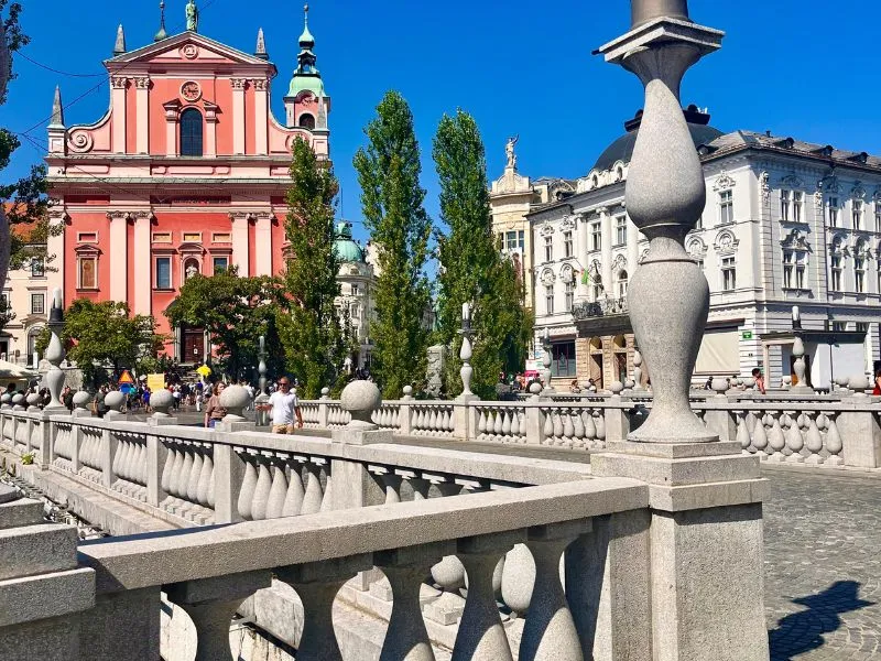 Preseren Square in Ljubljana overlooking the Franciscan Church of the Annunciation from Triple Bridge 
