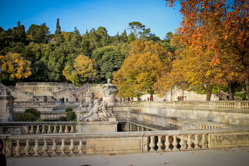 overlooking the part in Nimes - Jardin de La Fontaine with its roman architecture and greenery