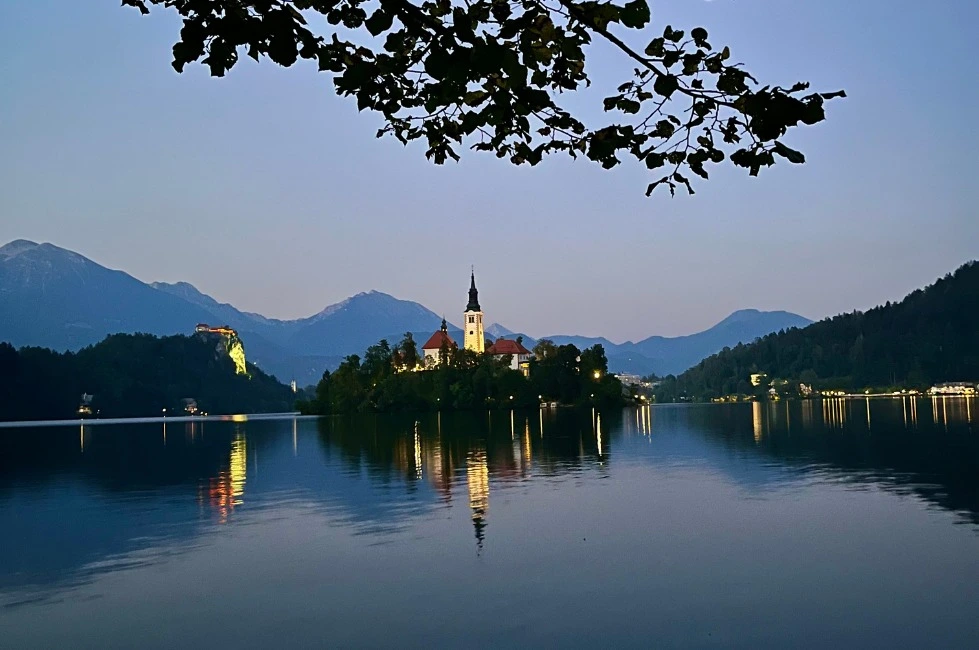 Lake Bled illuminated at night