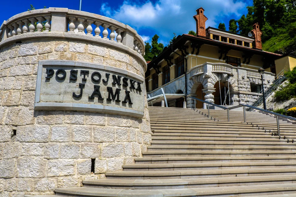 The stairs leading up to the entrance of Postojna Cave Entrance