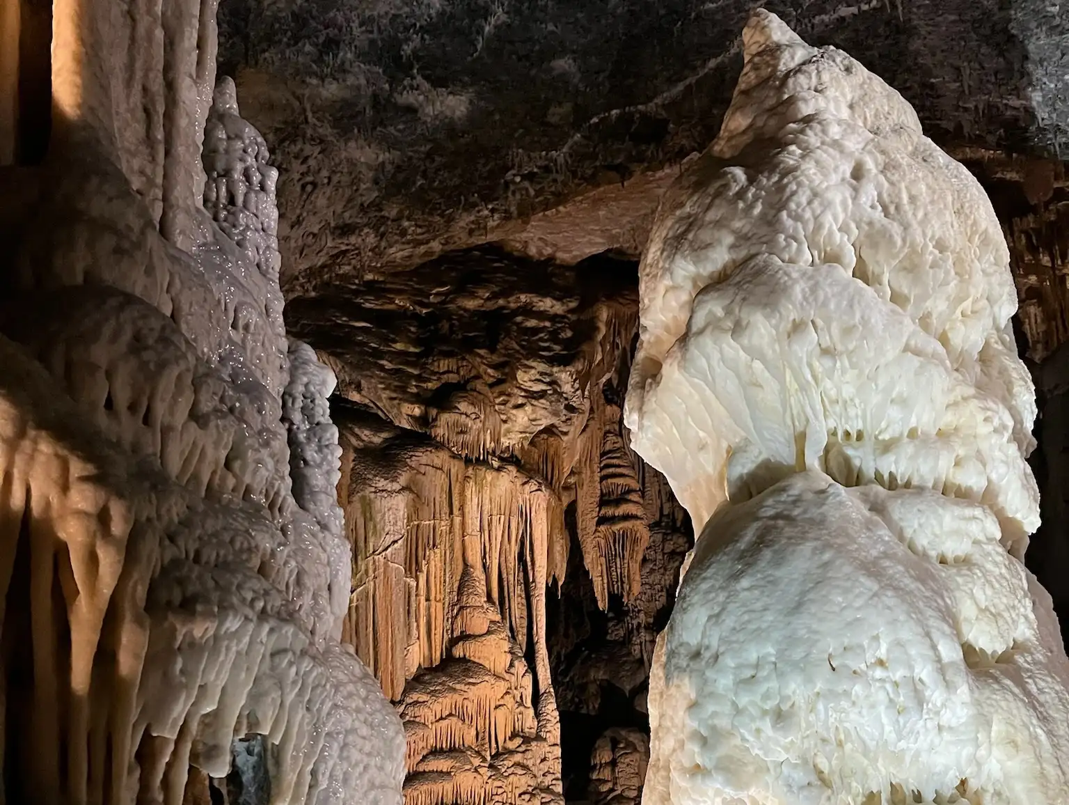 Stalactites and stalagmites inside Postojna Cave, Slovenia. Their intricate textures are illuminated by soft lighting. The formations are cream and tan-toned.