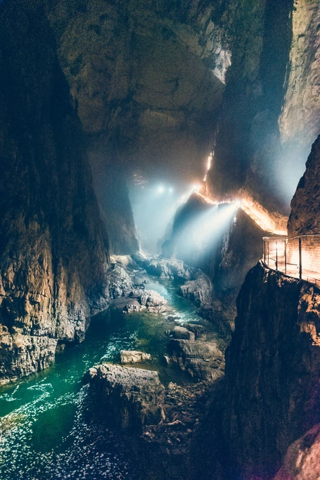 Waterfalls flowing through the Reka River in Škocjan Caves