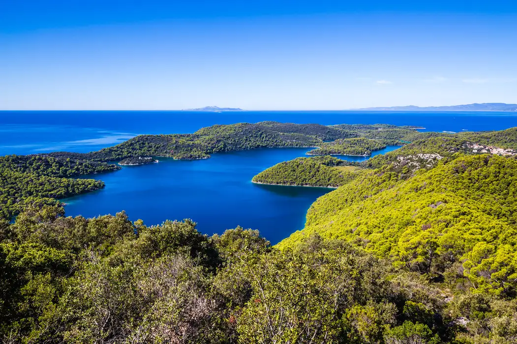 Aerial view of Mljet island in Croatia, showcasing the green forest canopy, winding blue saltwater lakes, and distant islands on the horizon under a clear blue sky.