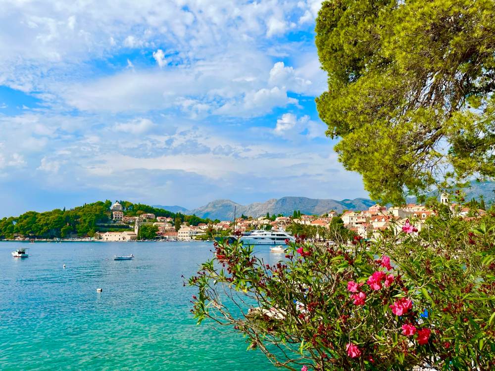 View of the coastal town of Cavtat, Croatia, taken from the Sustjepan hiking trail, showing turquoise waters and flowers to the side. 