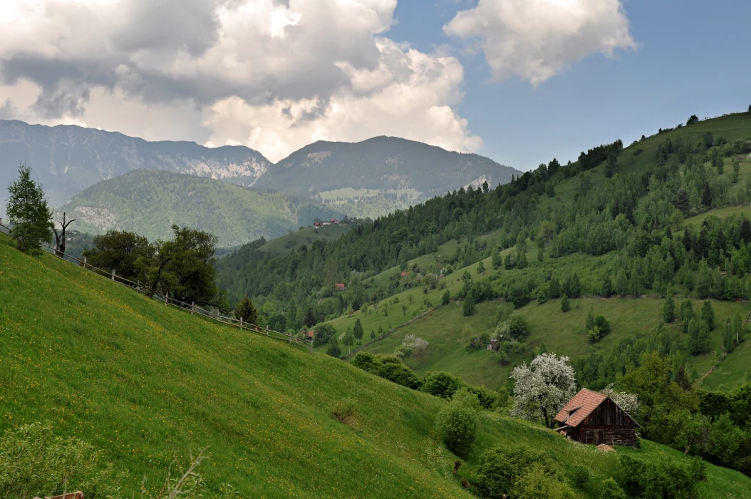 A serene landscape featuring the rolling green hills of Magura Village, with a rustic wooden cabin nestled among lush trees and flowering meadows, against a backdrop of majestic mountain ranges under a cloudy sky.