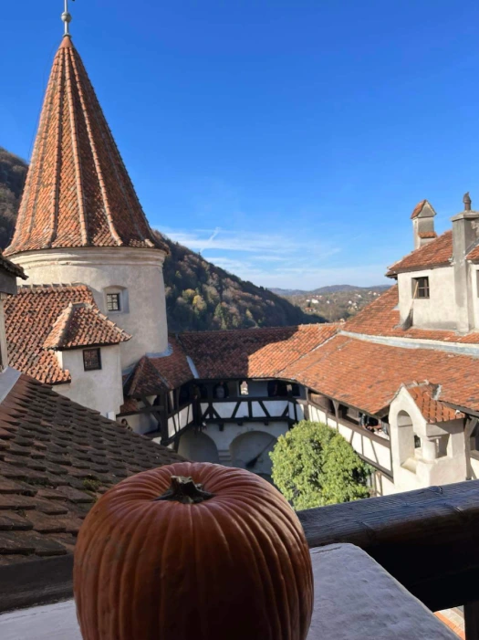 A vibrant pumpkin sits in the foreground on a wooden ledge with a backdrop of Bran Castle's iconic conical towers, terracotta roofs, and a glimpse of the forested hills under a clear blue sky.