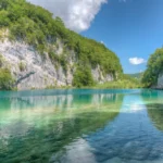 Clear turquoise water reflects lush green hills and rocky cliffs under a bright blue sky with a few clouds, capturing a beautiful Croatian landscape.