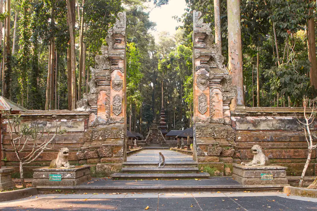 A Balinese temple gate surrounded by greener in a serene forest setting. A monkey sits on the steps leading to the carved stone entrance, with guardian statues on either side of the monkey. 