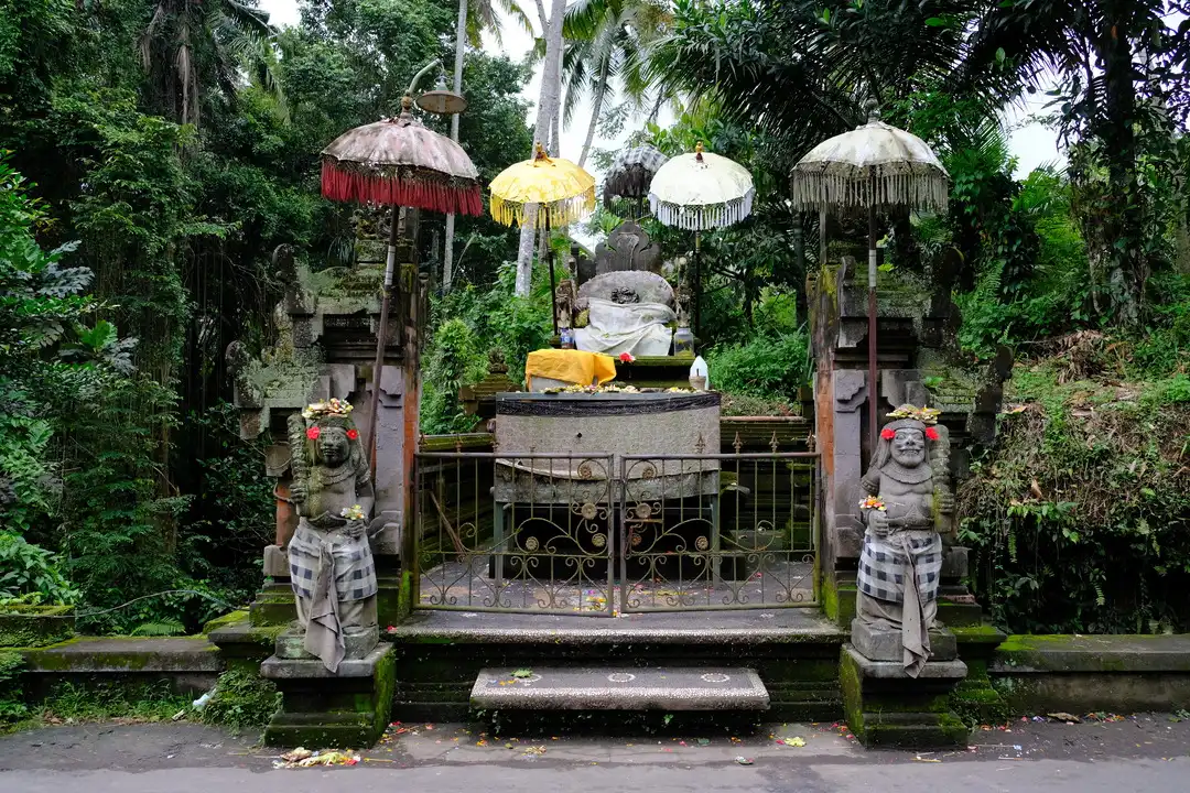 A shrine within the Samuan Tiga Temple in Bali, surrounded by greenery. The shrine features intricately carved stone statues, accompanied with flower offerings and traditional checkered cloths, with colourful ceremonial umbrellas providing shade above. 