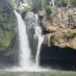 Pictured is a powerful waterfall cascading into a serene pool surrounded by lush greenery and rocky cliffs, with mist rising into the air.