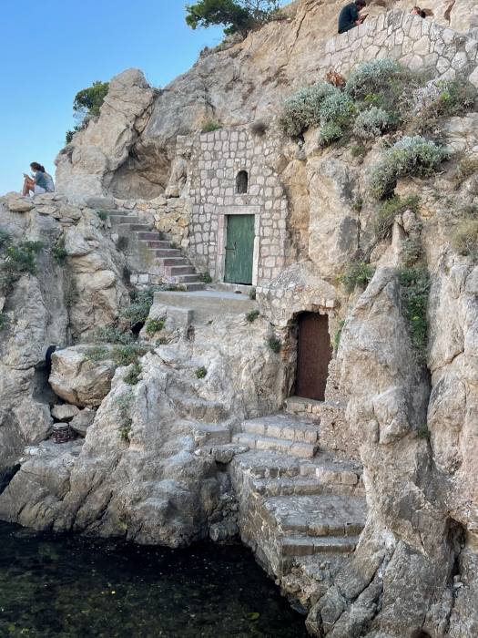A stairway leading to two closed doors and used as a Game of Thrones location in Dubrovnik