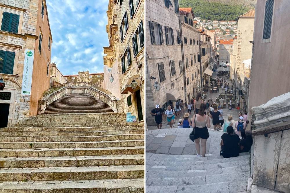 Side-by-side photos of the Jesuit Stairs in Dubrovnik show the contrast between 7 am and 9 a.m. The right image, taken at 9 am, is heavily crowded, whereas the left photo, taken at 7 am, is clear. 